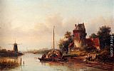 Moored Canvas Paintings - A River Landscape In Summer With A Moored Haybarge By A Fortified Farmhouse